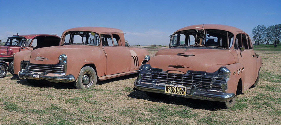 Vintage Rust-Colored Cars Parked on Grassy Field Under Clear Blue Sky