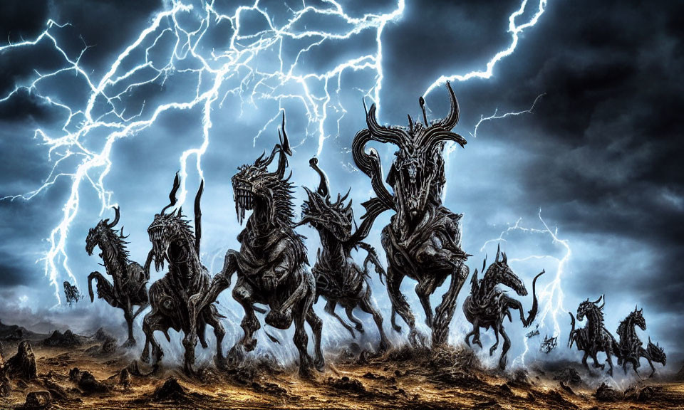 Fantastical horse-like creatures with horns gallop under stormy sky