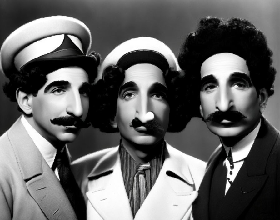 Three men with exaggerated false mustaches and comical expressions in black-and-white.