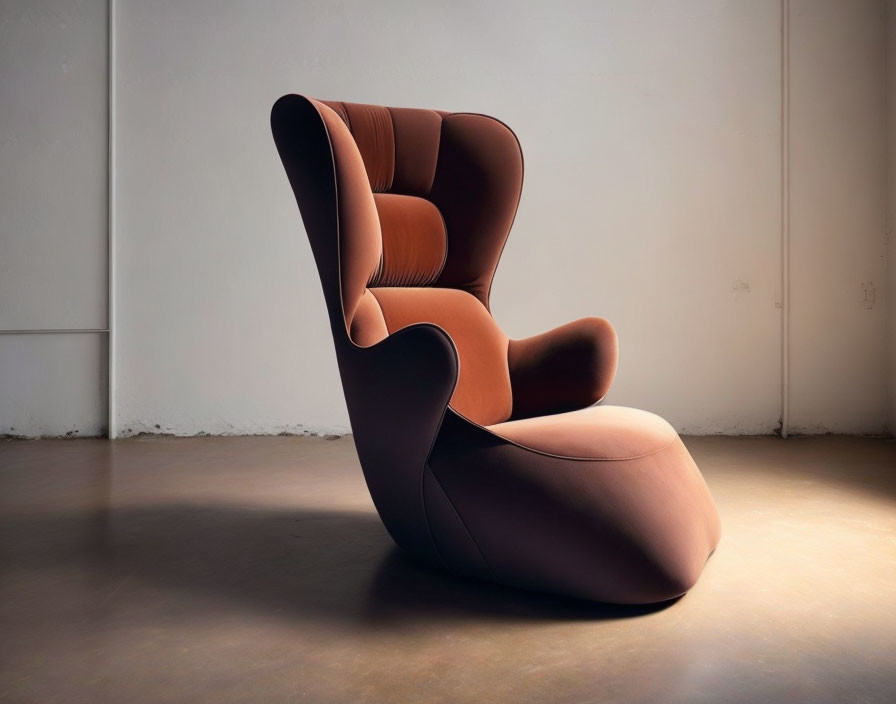 Curved brown upholstered chair in minimalist room