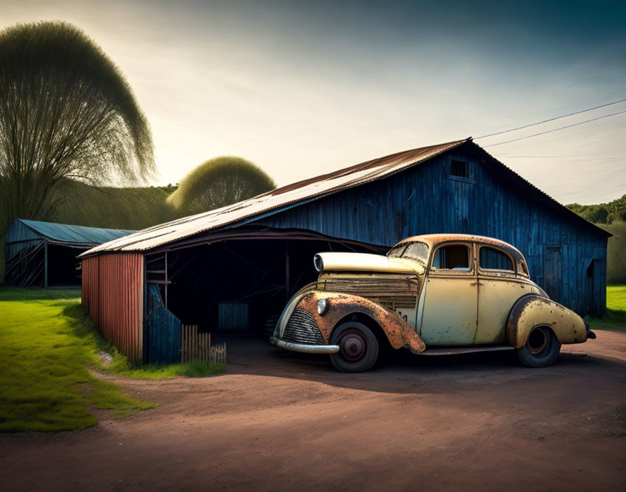 Vintage Car with Rust Spots Parked Outside Blue Wooden Barn at Sunrise