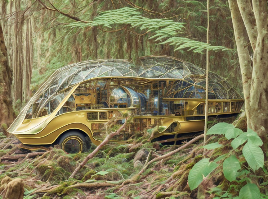 Golden Futuristic Vehicle in Dense Green Forest