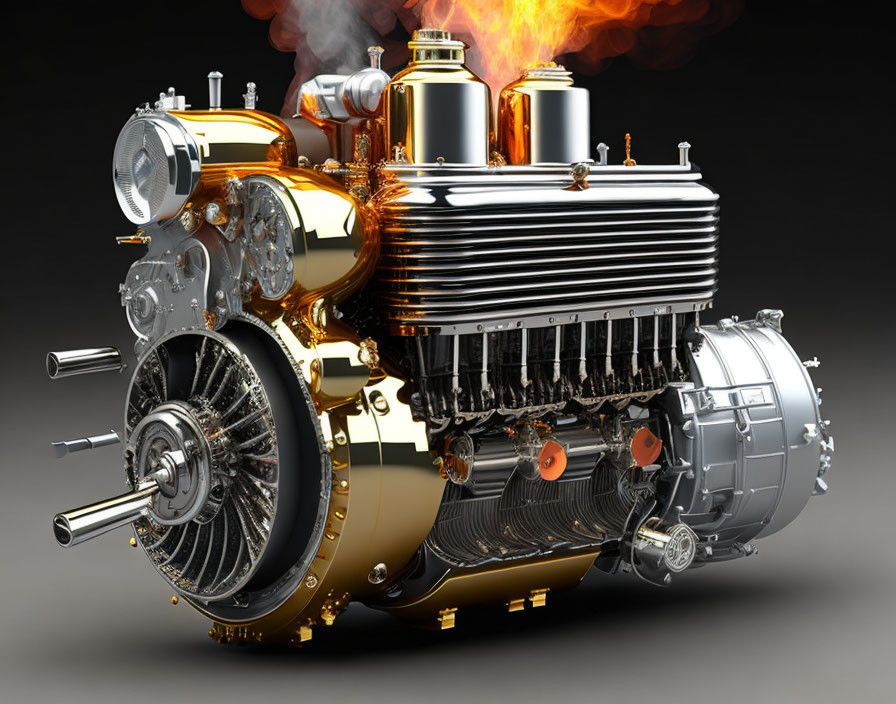 Detailed 3D Rendering: Classic Airplane Radial Engine with Flames & Smoke