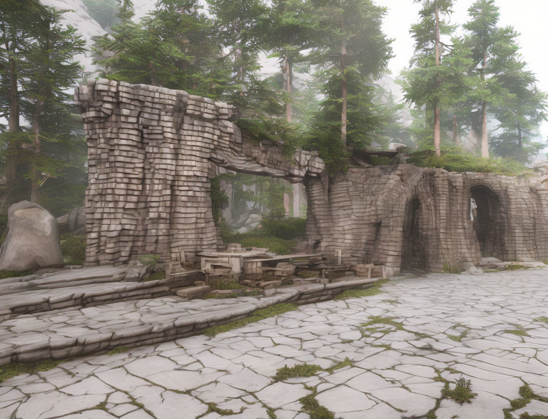 Stone ruins and arches in foggy forest with cobblestone path