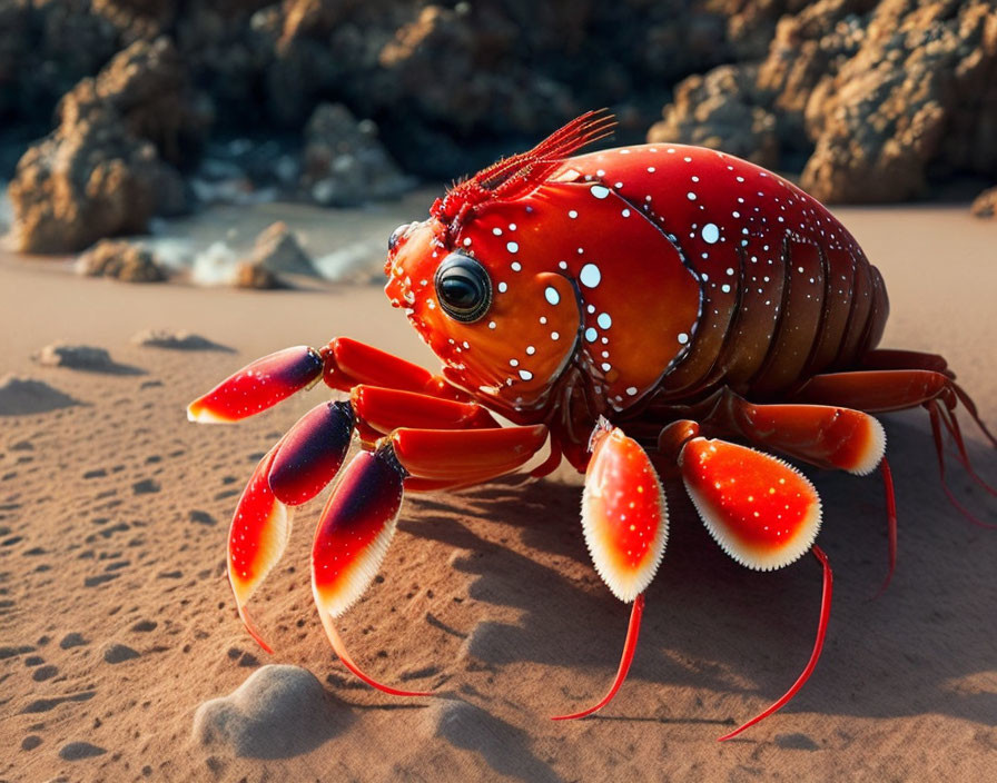 Red and White Spotted Crab with Large Claws on Sandy Beach at Dusk