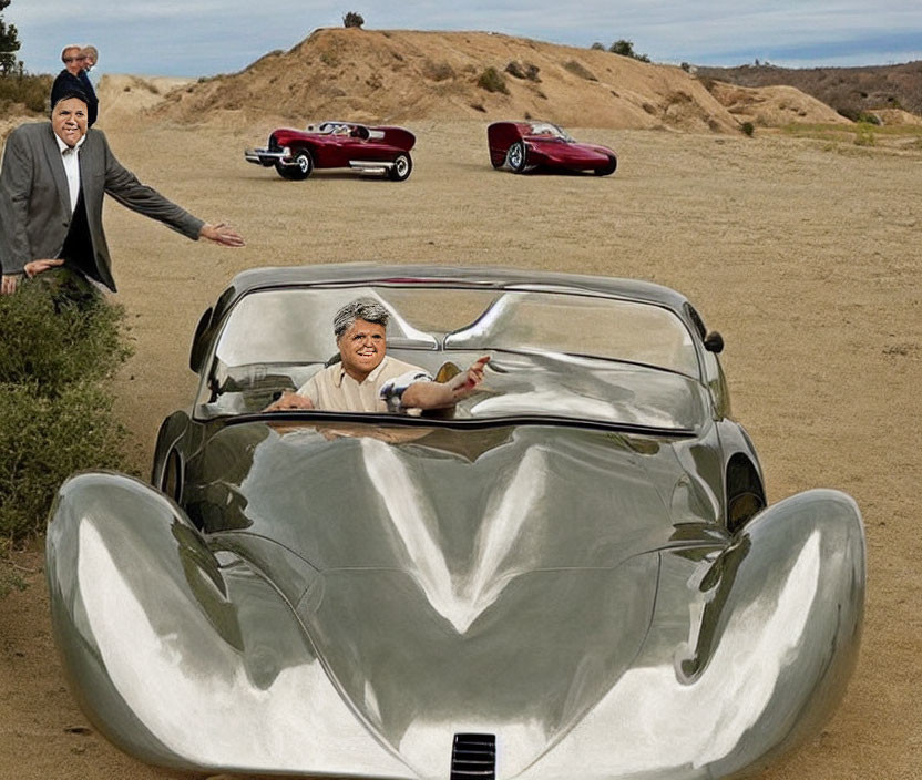 Excited person in silver car on desert road with two red cars and waving person