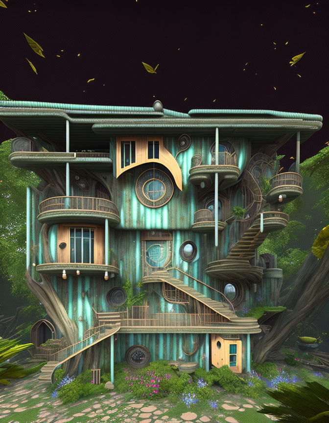 Fantasy treehouse with balconies and spiral staircases