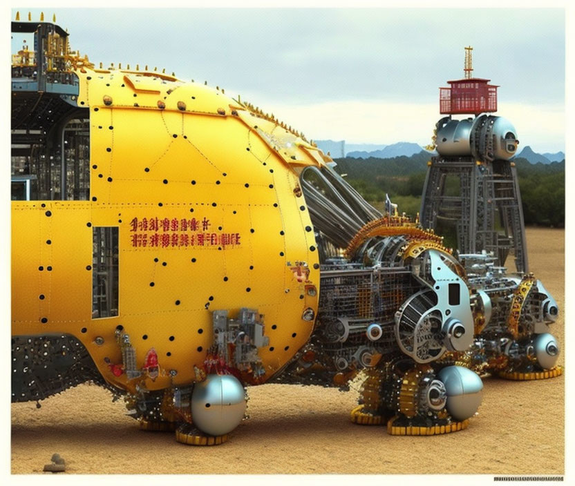 Large Yellow Mechanical Contraption in Desert Landscape with Smaller Machines