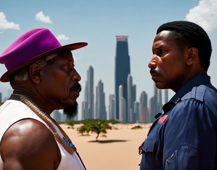 Intense confrontation between men in purple hat and police uniform with city backdrop