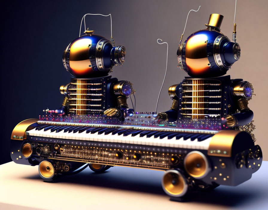 Retro-futuristic robots playing piano in dramatic lighting