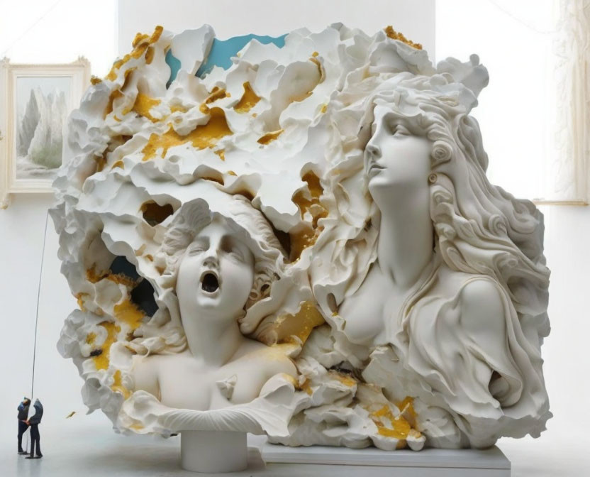 Intricate white sculpture with gold accents of two women in swirling forms