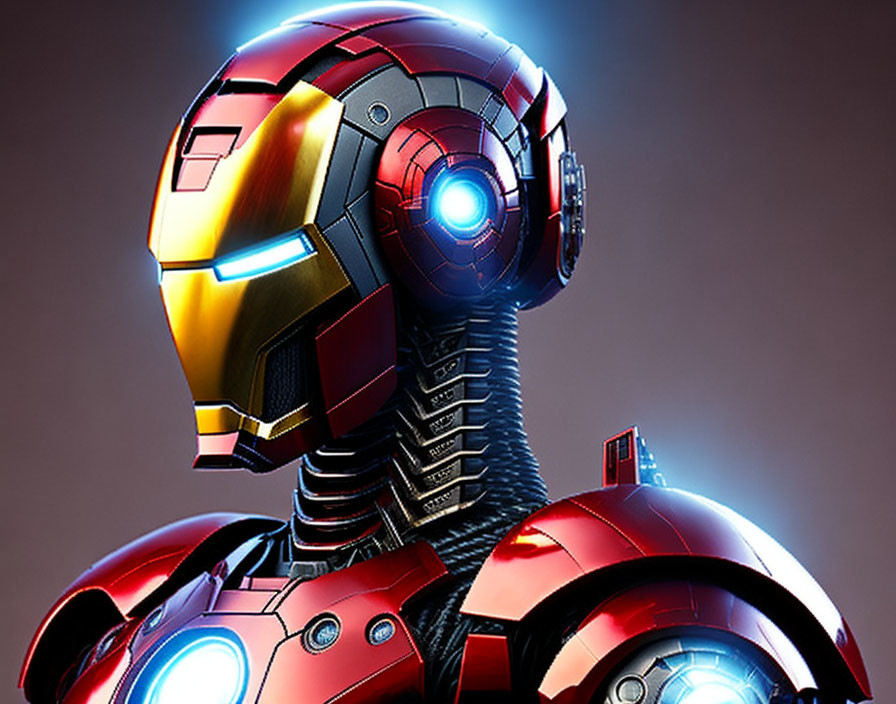 Detailed Iron Man helmet and armor with glowing blue arc reactor.