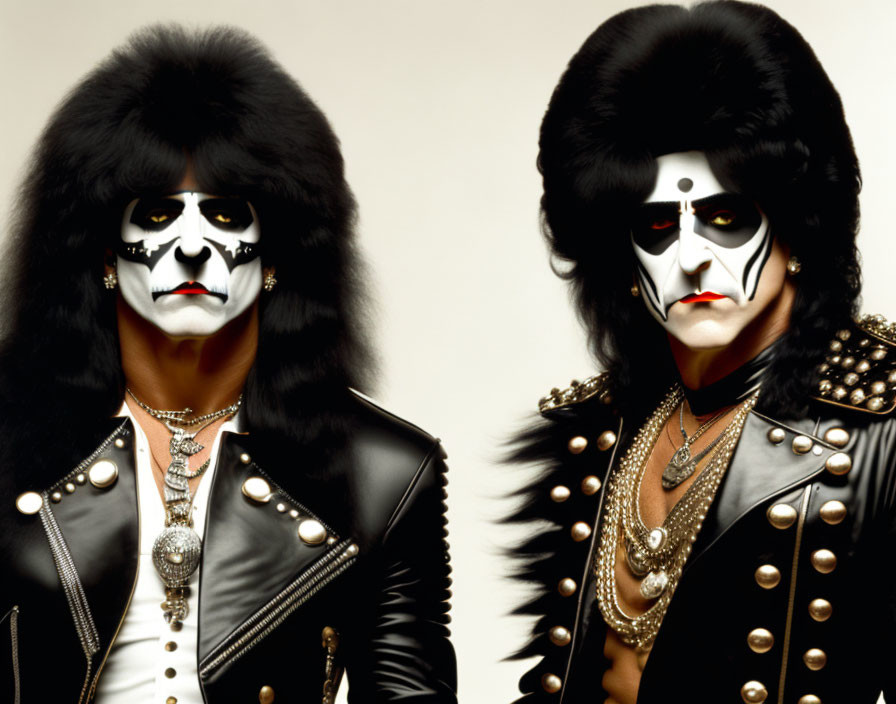 Two people in black leather outfits and iconic face paint.