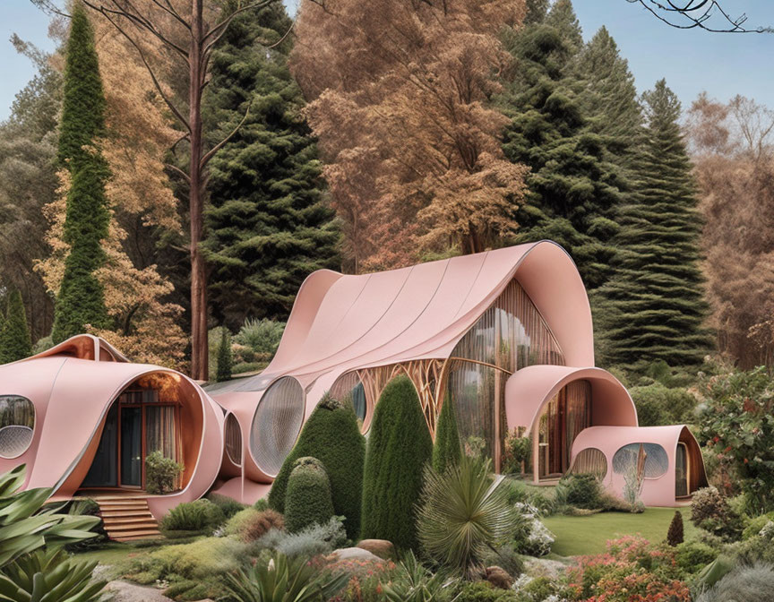 Futuristic pink modular home in serene forest setting