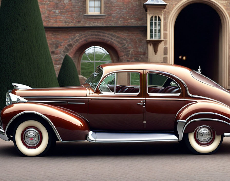 Vintage brown car parked in front of elegant brick house with manicured hedge