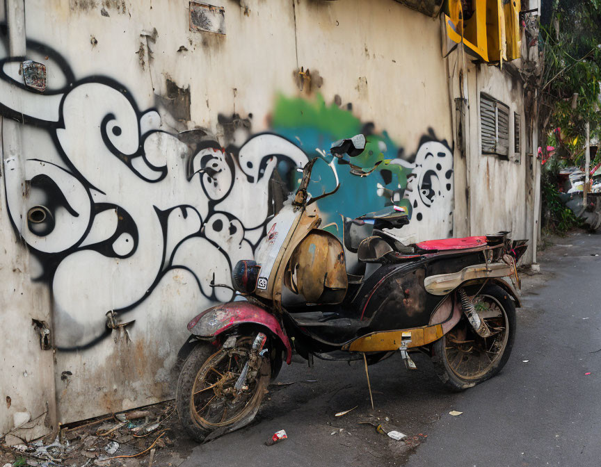 Weathered scooter against graffiti-covered wall on street with debris and foliage