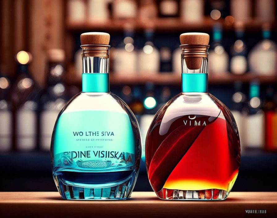 Elegantly designed blue and amber spirits bottles on wooden surface