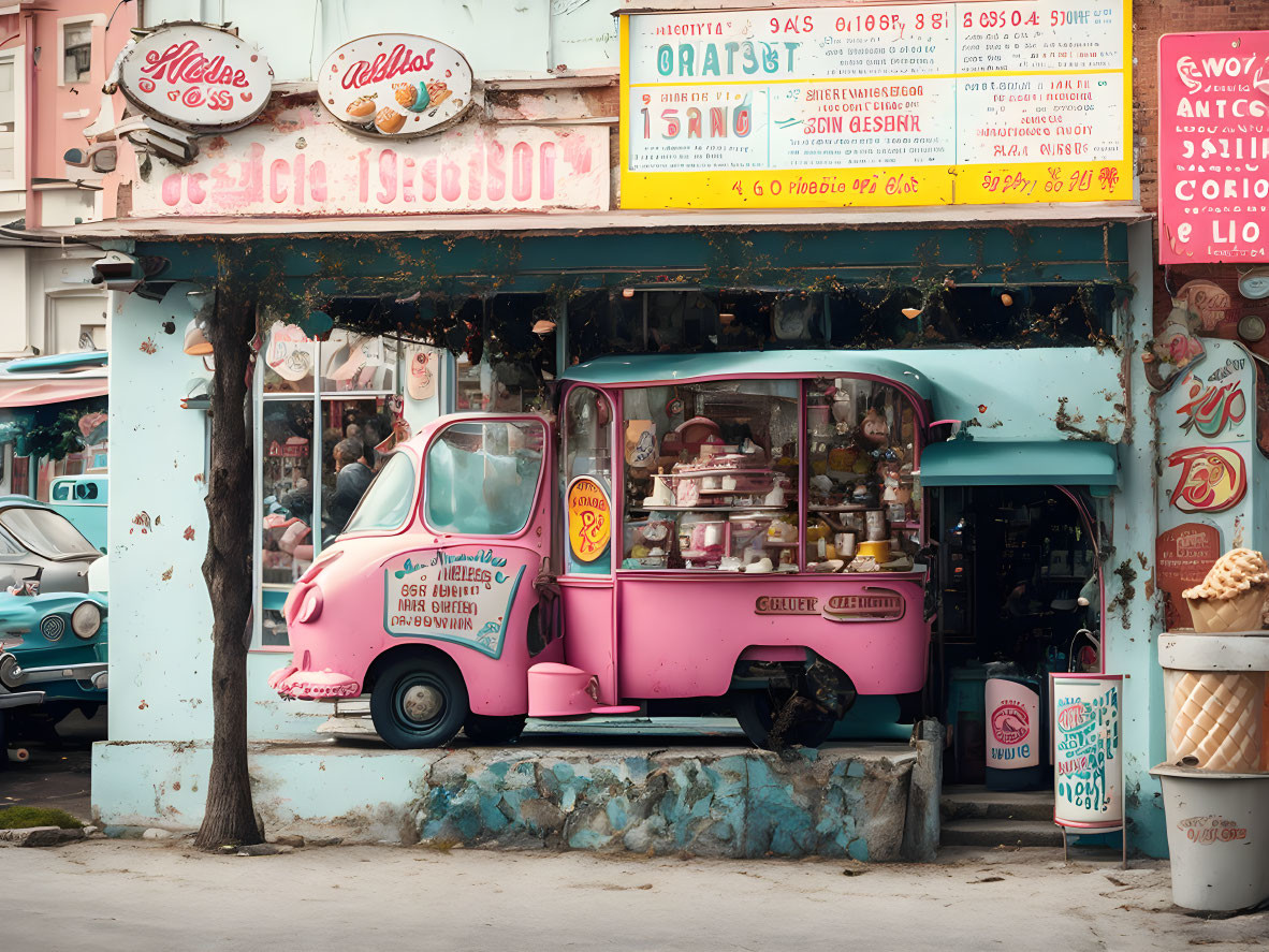 Vintage Pink and Turquoise Ice Cream Truck Parked in Front of Quirky Shop with Retro Signs