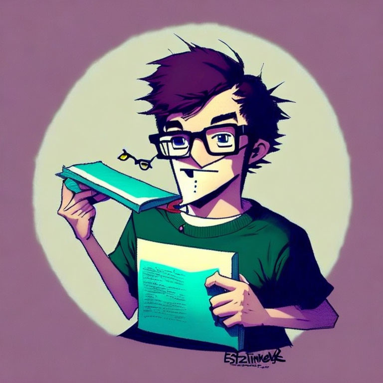 Young person with glasses holding open book on purple background