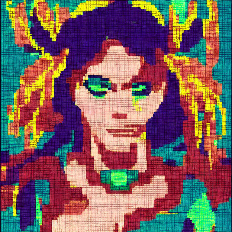 Detailed pixel art of person with green eyes and colorful hair against green, blue, and red background