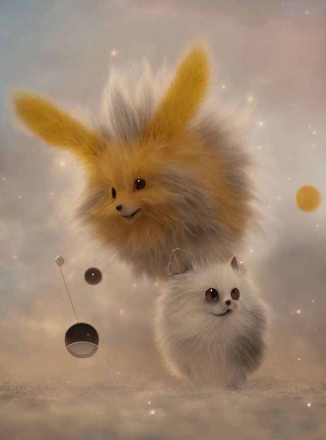 Fluffy mythical creatures above cloudy surface in dreamy setting