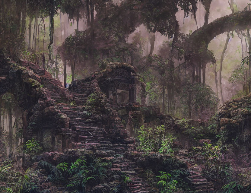 Ancient stone staircase in misty forest with arched ruin