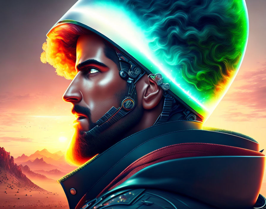 Futuristic man with robotic ear in cosmic helmet at sunrise