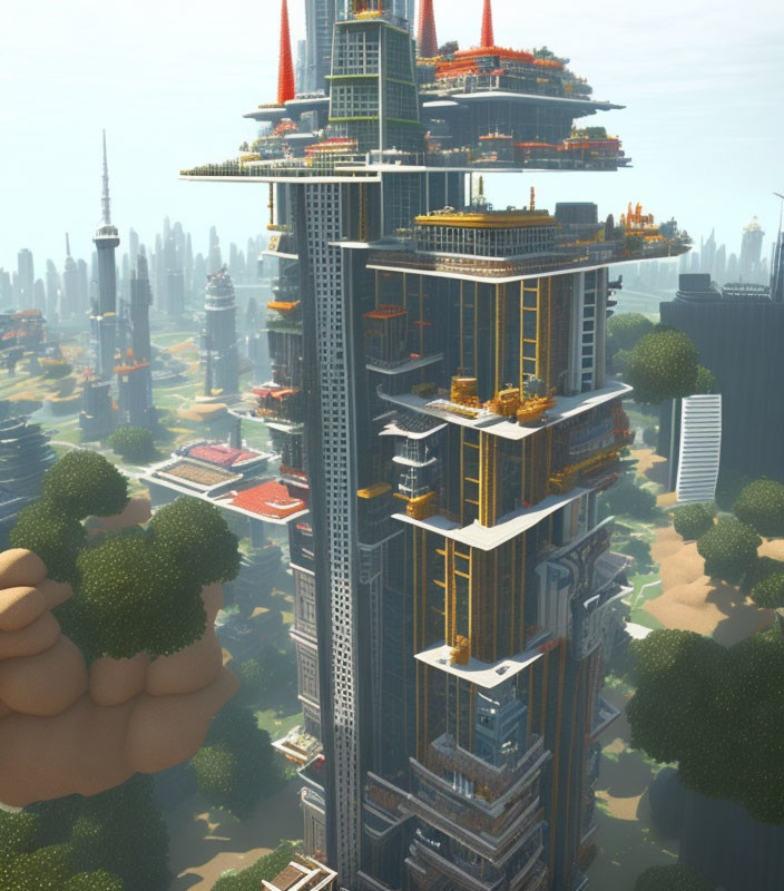 Futuristic skyscraper with terraces and greenery in cityscape.