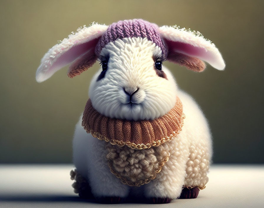 Fluffy Bunny in Purple Hat and Brown Sweater on Soft Background