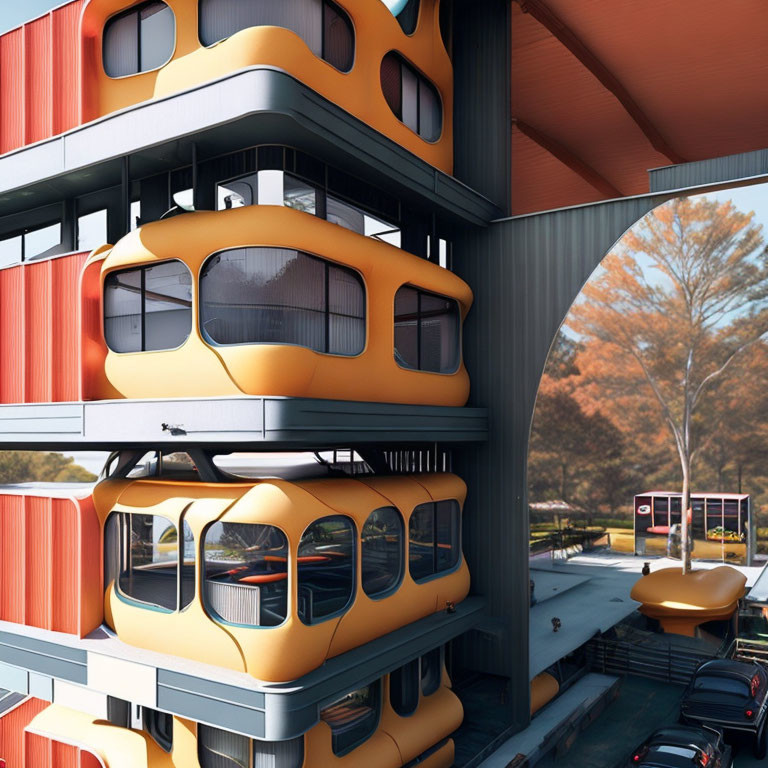 Futuristic multi-level building with yellow pod-like structures and autumn trees.