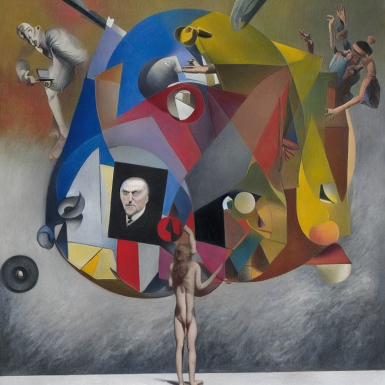 Geometric Shapes and Nude Woman in Abstract Cubist Painting