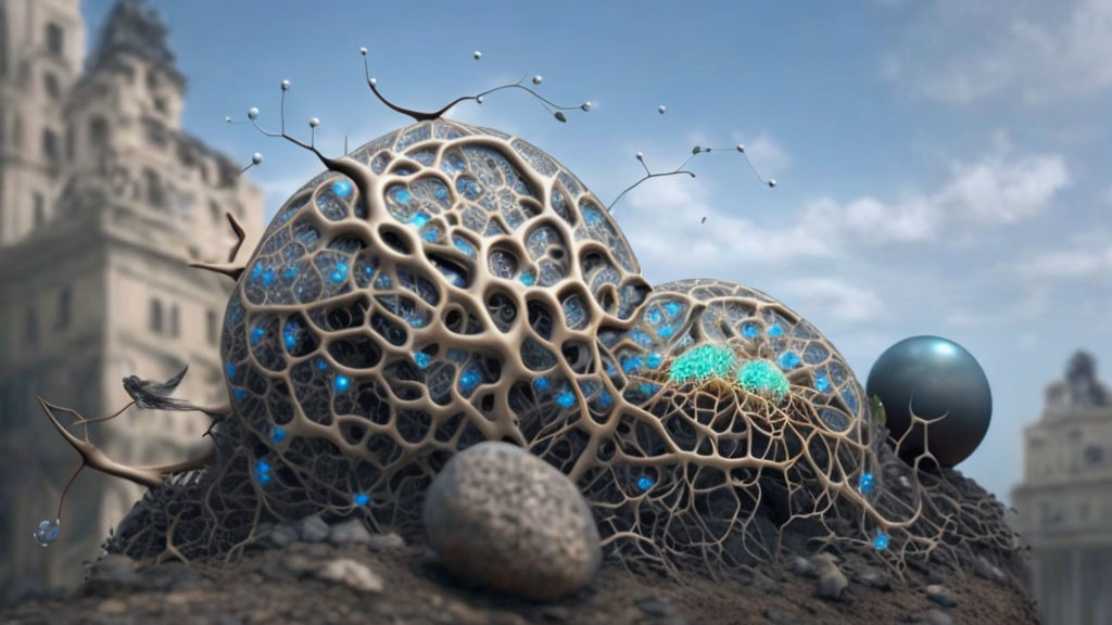 Intricate organic structures and orbs in surreal scene