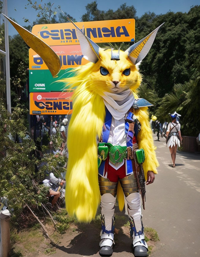 Elaborate yellow feline costume with armor and scarf at outdoor event