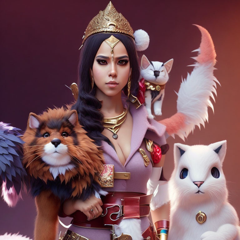 Regal woman with crown and mystical cats in fantasy portrait