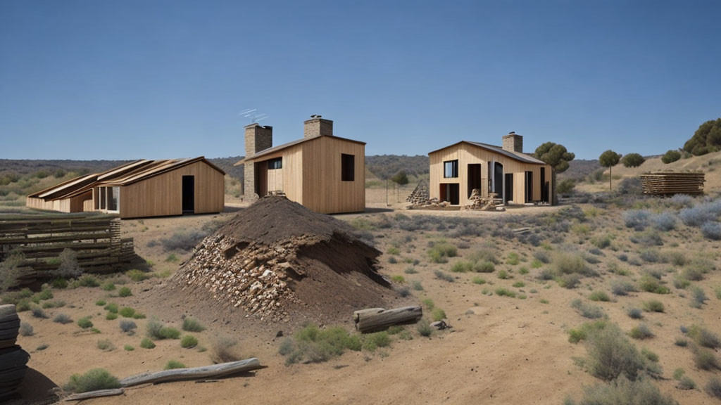 Modern wooden cabins in desert landscape under clear sky