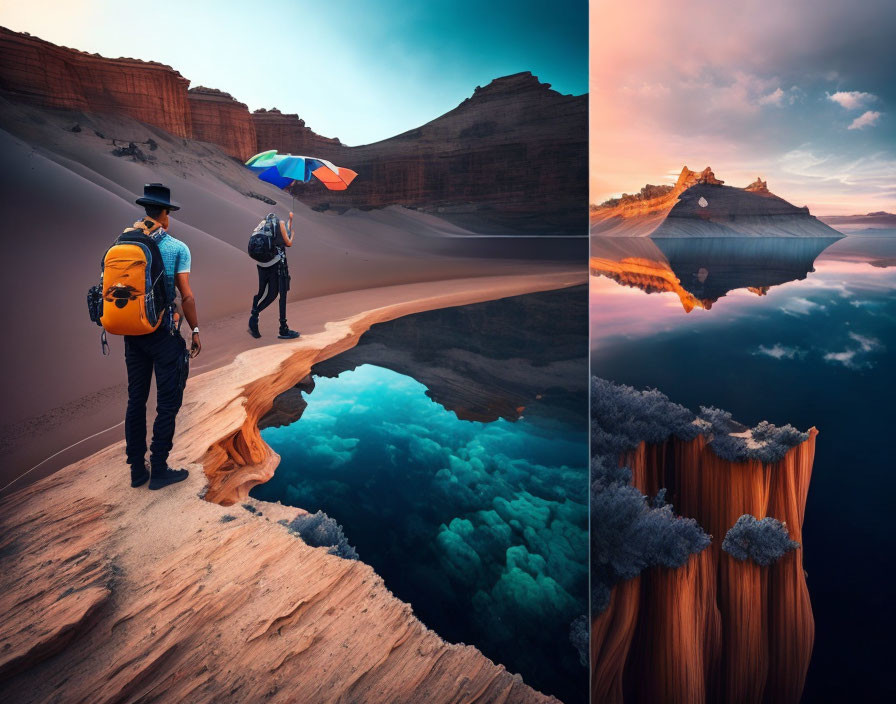 Traveler walking on sandstone ridge above reflective water with colorful umbrella nearby