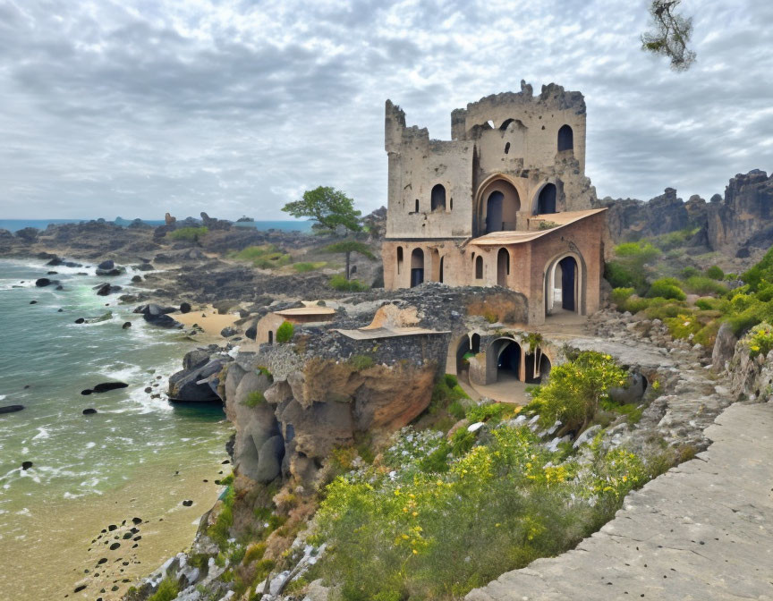 Coastal ruin with arches on rocky shore under cloudy sky