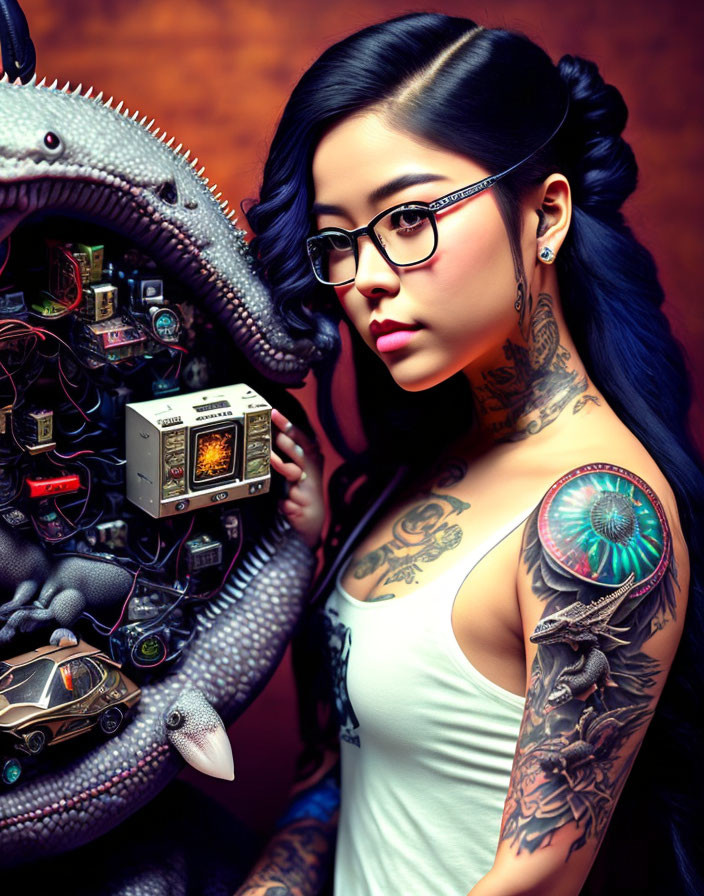 Tattooed woman with glasses and mechanical dragon on warm-toned background