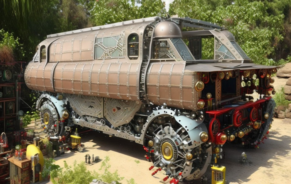 Large Metallic Sculpture of Vintage Locomotive Surrounded by Greenery