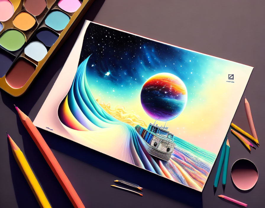 Vibrant surreal landscape with ship, planet, stars & art supplies