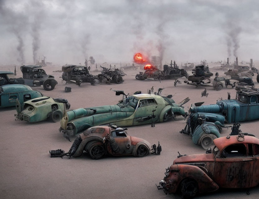 Desolate wasteland with abandoned vehicles and smoke columns