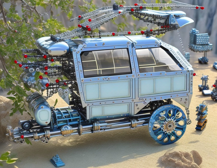 Detailed futuristic metallic vehicle with rotors in sandy setting