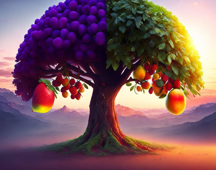 Split canopy tree with mixed fruits and purple foliage against mountain backdrop