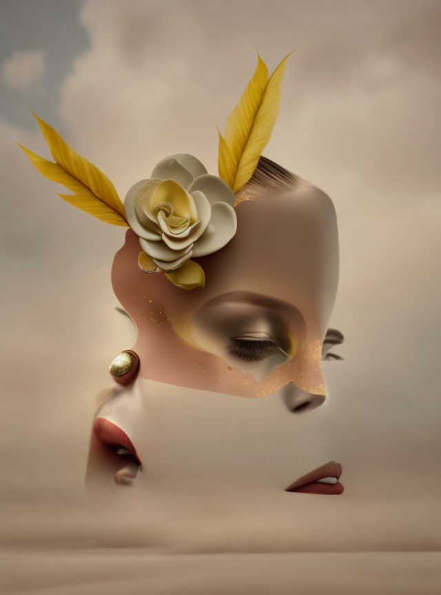 Fragmented female face with floating parts, flower, and feathers on cloudy background.