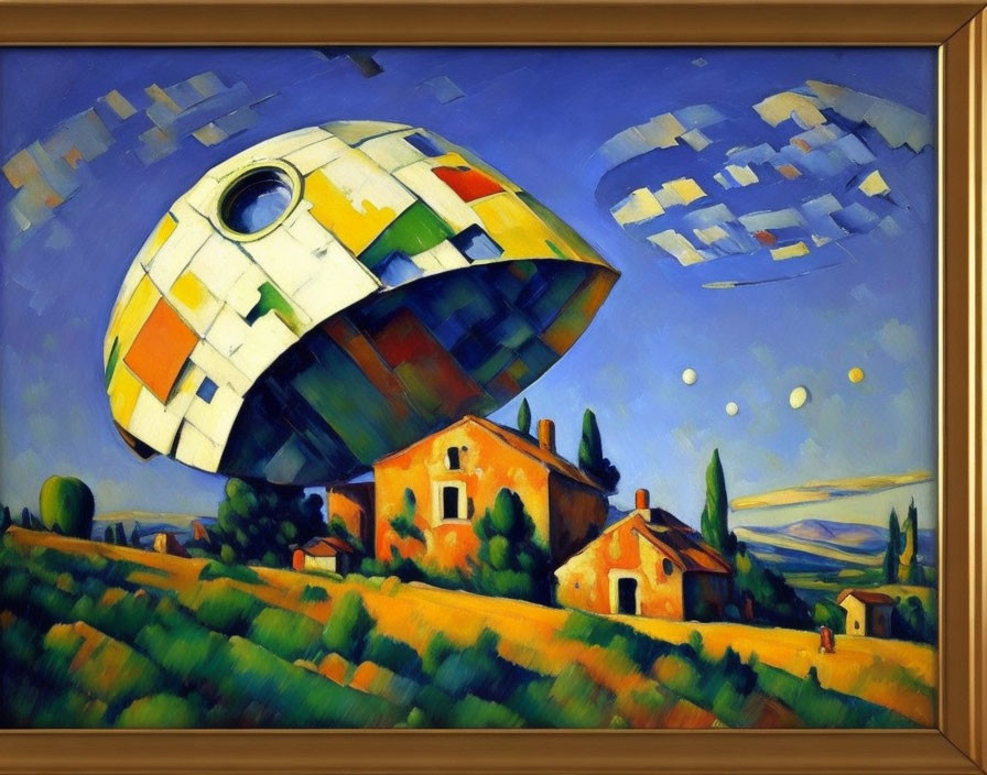 Post-Impressionist painting of colorful spaceship over rural landscape