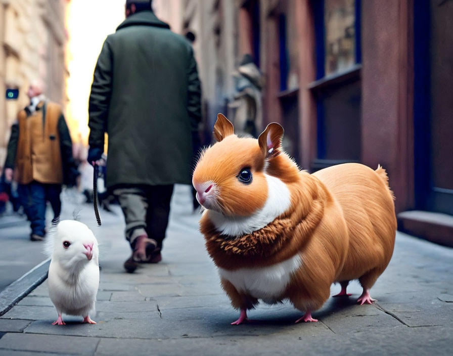 Hybrid animal digital artwork: guinea pig with corgi body and chick on city street