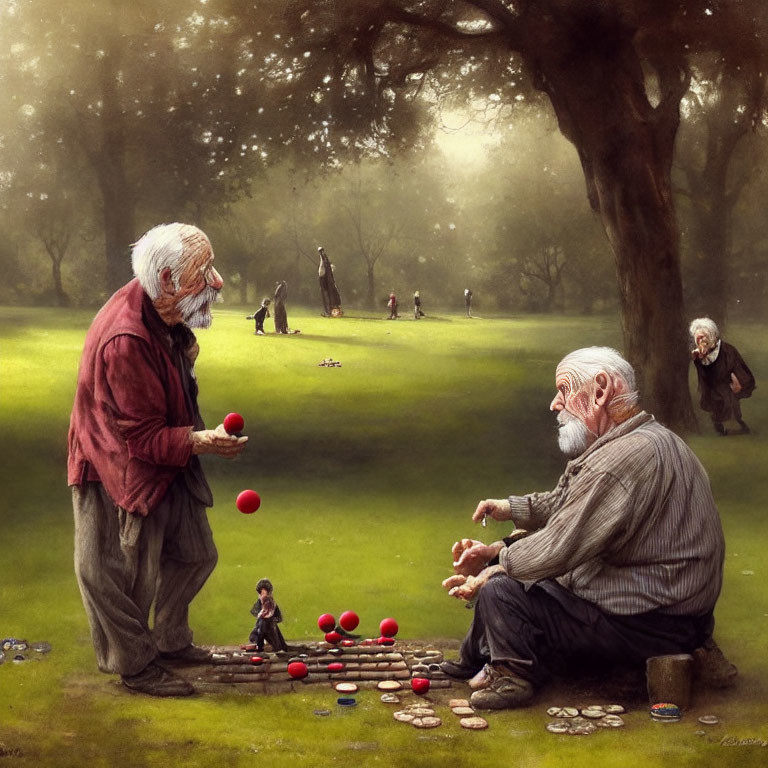 Elderly men playing board game in serene park setting