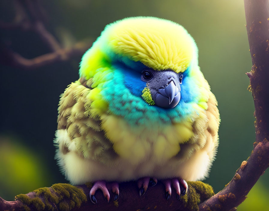 Colorful Fluffy Bird with Blue Beak on Branch