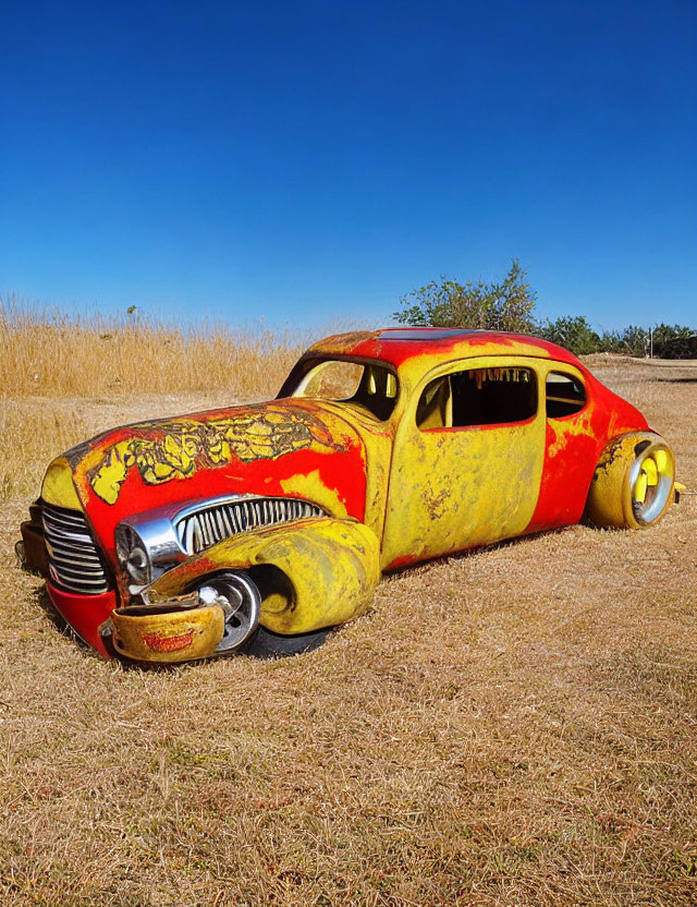 Abandoned yellow and red flame-painted car in grassy field