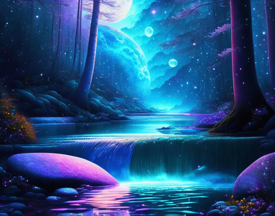 Luminous fantasy landscape with glowing orbs and waterfall